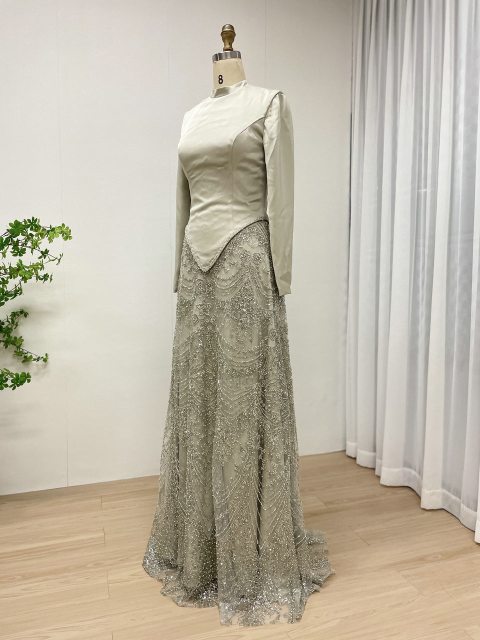 Elegant Long Sleeve Beaded Evening Dress with Satin Top MY30166