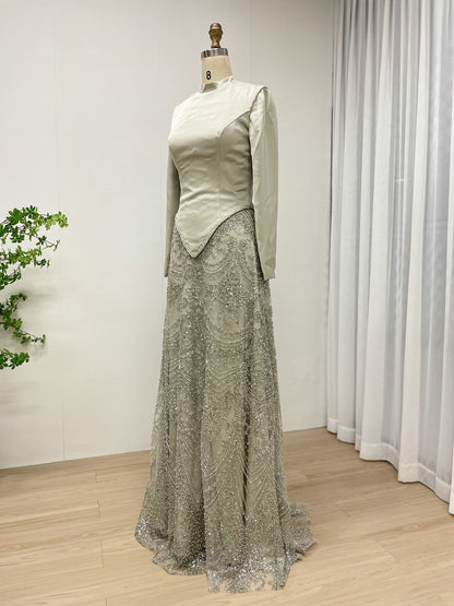 Elegant Long Sleeve Beaded Evening Dress with Satin Top MY30166