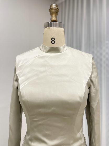 Elegant Long Sleeve Beaded Evening Dress with Satin Top MY30166