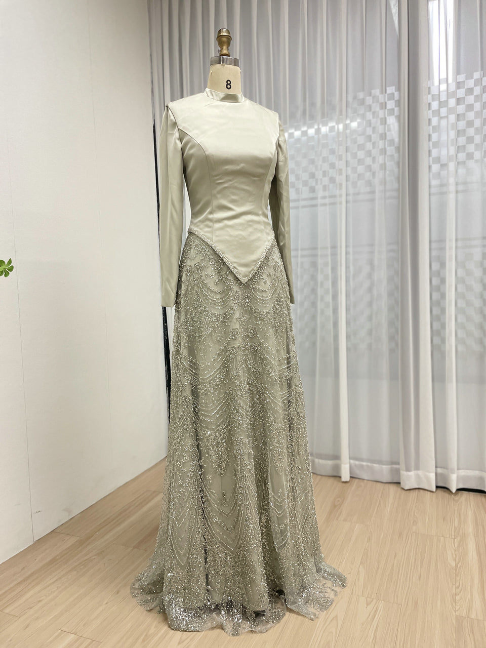 Elegant Long Sleeve Beaded Evening Dress with Satin Top MY30166