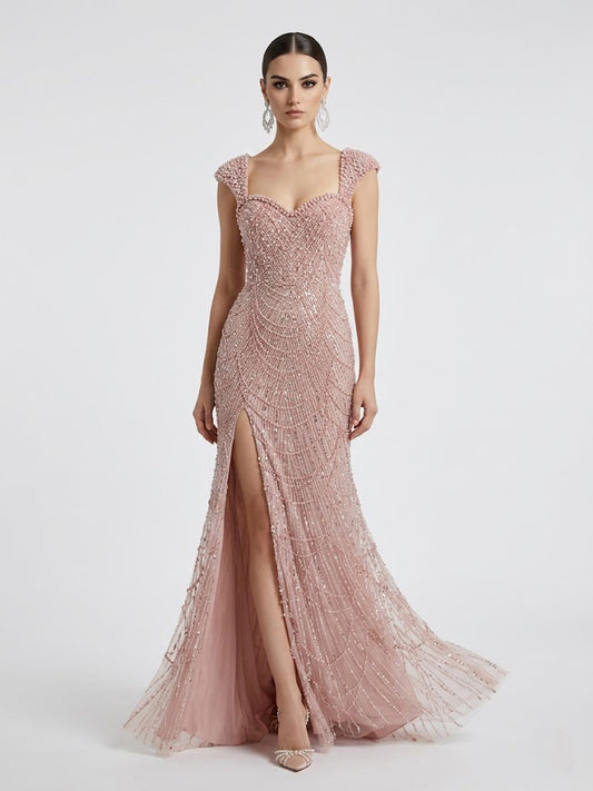 Sparkling Pink Beaded Evening Gown with High Slit MY30167