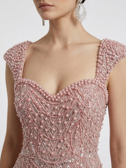 Sparkling Pink Beaded Evening Gown with High Slit MY30167