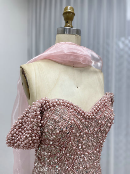 New Arrival Rhinestone Slit Prom Dress Mermaid Pink Beaded Off-Shoulder Evening Gown MY30167