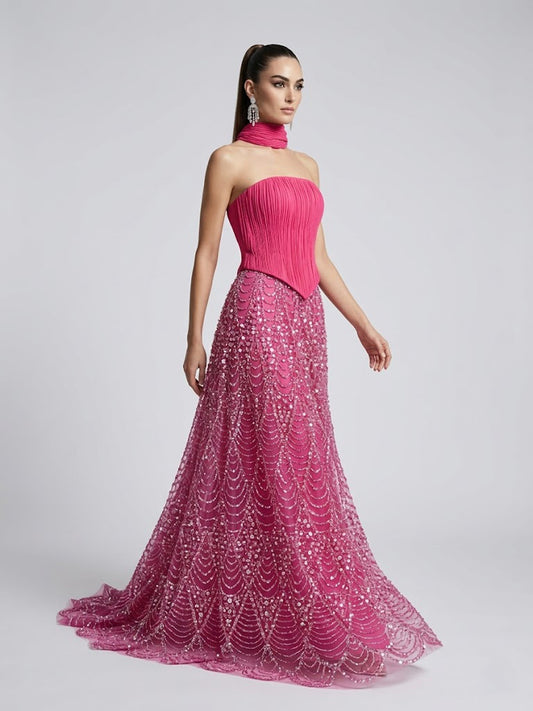 Rose Beaded Strapless Evening Gown | Textured Corset & Scarf MY30168