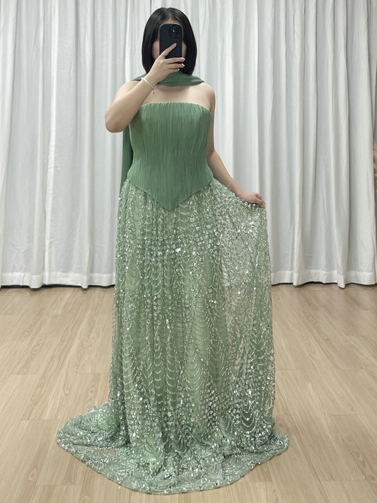 Green Strapless Pleated A-Line Formal Gown with Scarf MY30168