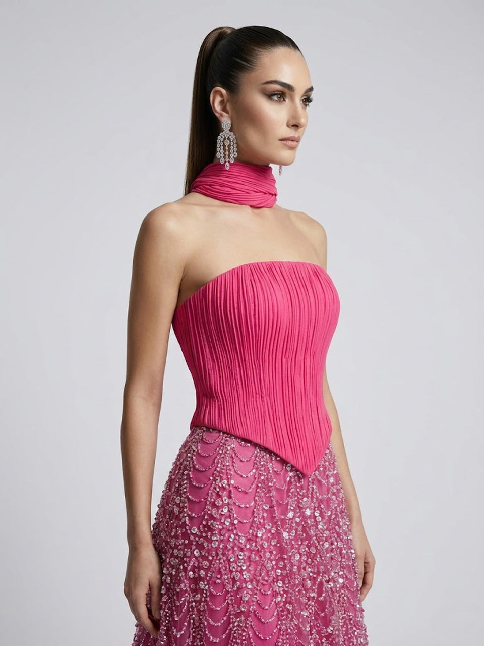 Rose Beaded Strapless Evening Gown | Textured Corset & Scarf MY30168
