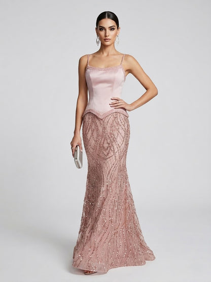 Luxury Pink Spaghetti Strap Formal Dress with Wavy Sparkle Skirt MY30169