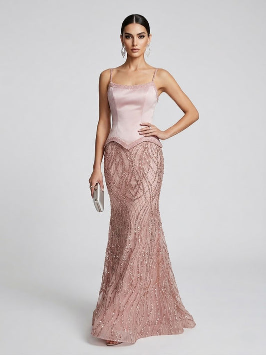 Luxury Pink Spaghetti Strap Formal Dress with Wavy Sparkle Skirt MY30169