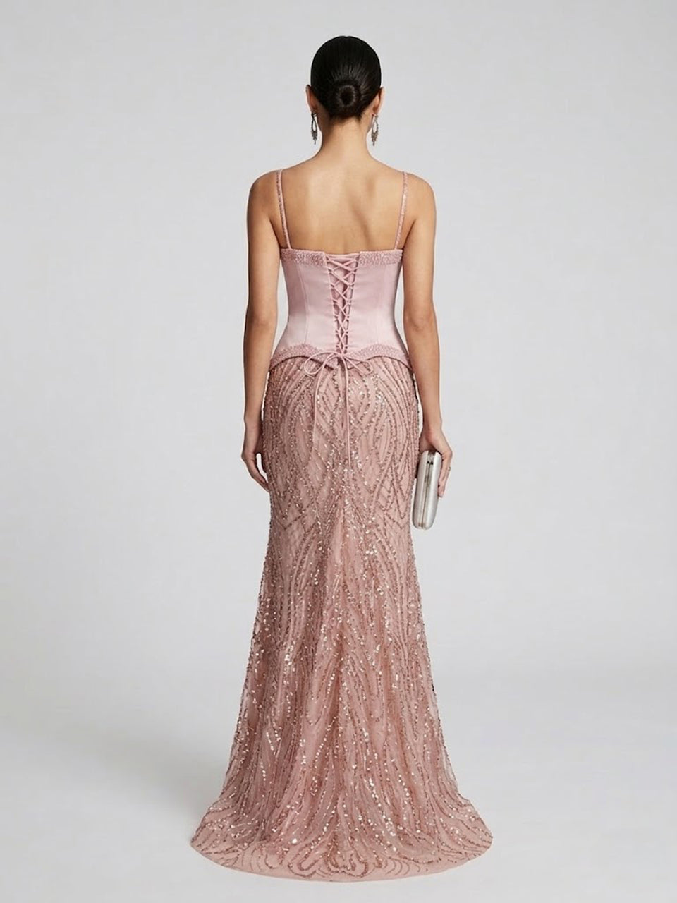 Luxury Pink Spaghetti Strap Formal Dress with Wavy Sparkle Skirt MY30169