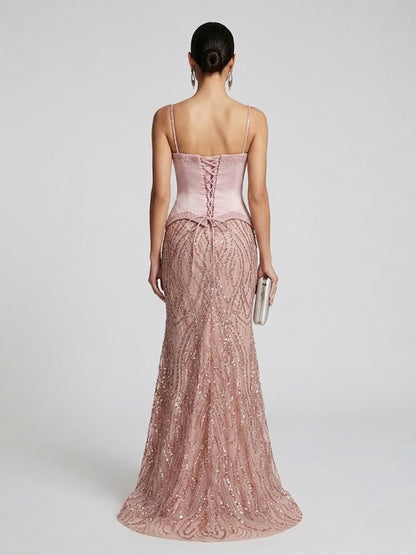 Luxury Pink Spaghetti Strap Formal Dress with Wavy Sparkle Skirt MY30169