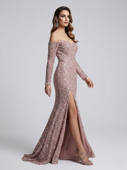 Pink Sequin Off-The-Shoulder Evening Gown with Long Sleeves MY30170