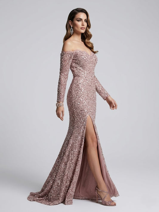 Pink Sequin Off-The-Shoulder Evening Gown with Long Sleeves MY30170