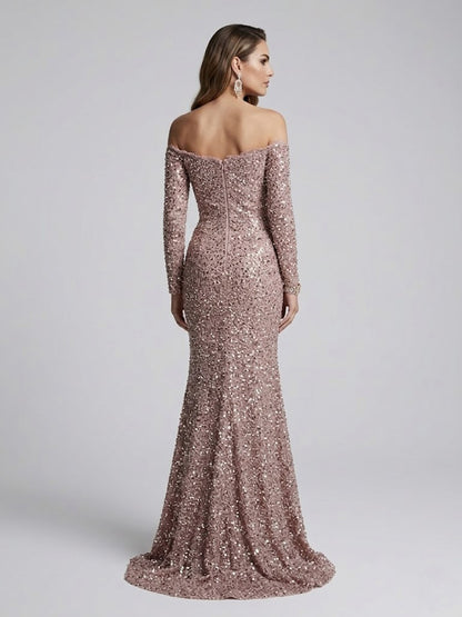 Pink Sequin Off-The-Shoulder Evening Gown with Long Sleeves MY30170