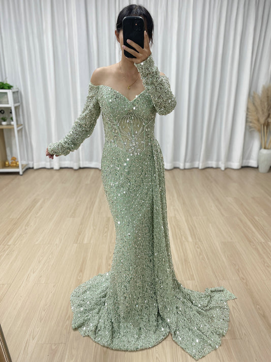 Green Mermaid Evening Dress Long Sleeve Off-Shoulder Sequins Formal Party Gown MY30171