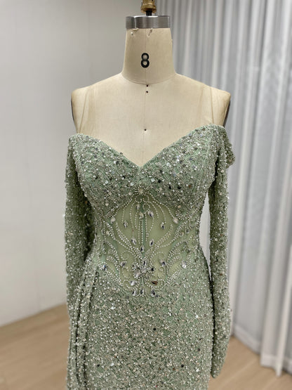Green Mermaid Evening Dress Long Sleeve Off-Shoulder Sequins Formal Party Gown MY30171