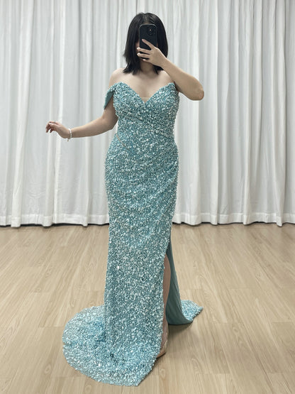 Green Off-Shoulder Ruched Sequin Mermaid Dress with Side Slit MY30172