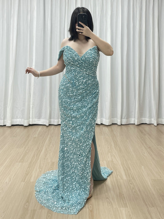 Green Off-Shoulder Ruched Sequin Mermaid Dress with Side Slit MY30172