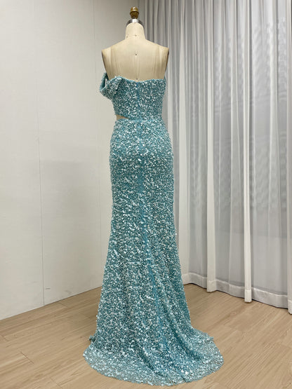 Green Off-Shoulder Ruched Sequin Mermaid Dress with Side Slit MY30172