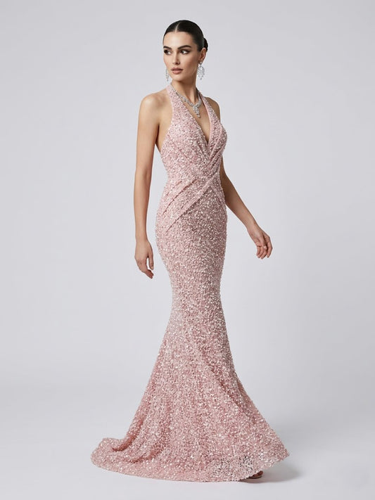 Luxury Pink Pearl Embellished Halter Gown Formal Pageant Dress MY30173