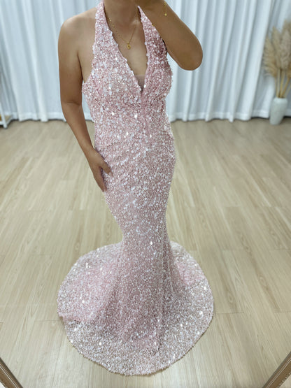 Sparkling Pink Halter Mermaid Evening Gown with Ruched V-Neck MY30173