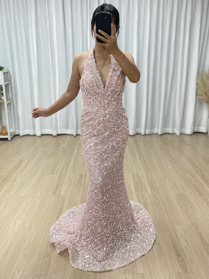 Sparkling Pink Halter Mermaid Evening Gown with Ruched V-Neck MY30173