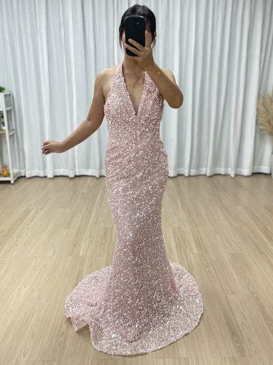 Sparkling Pink Halter Mermaid Evening Gown with Ruched V-Neck MY30173
