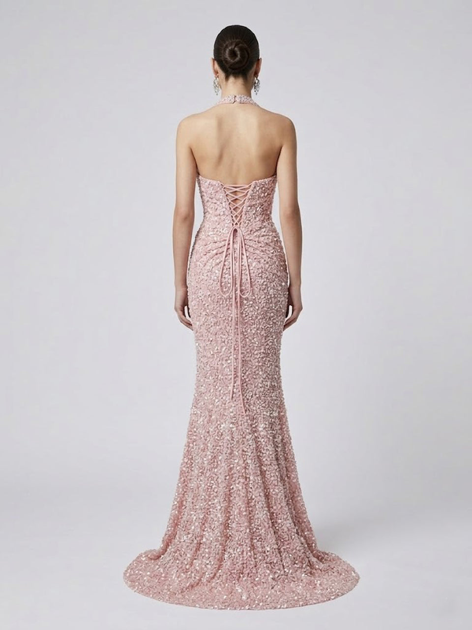 Luxury Pink Pearl Embellished Halter Gown Formal Pageant Dress MY30173
