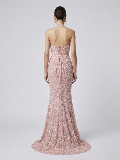 Luxury Pink Pearl Embellished Halter Gown Formal Pageant Dress MY30173