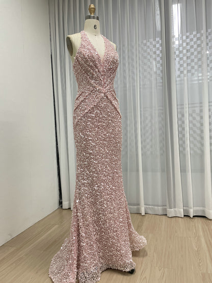 Sparkling Pink Halter Mermaid Evening Gown with Ruched V-Neck MY30173