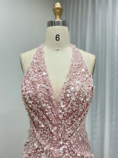 Sparkling Pink Halter Mermaid Evening Gown with Ruched V-Neck MY30173
