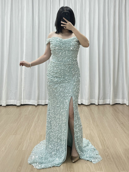 Sparkling Light Blue Sequin Mermaid Gown with Off-Shoulder with Slit MY30174