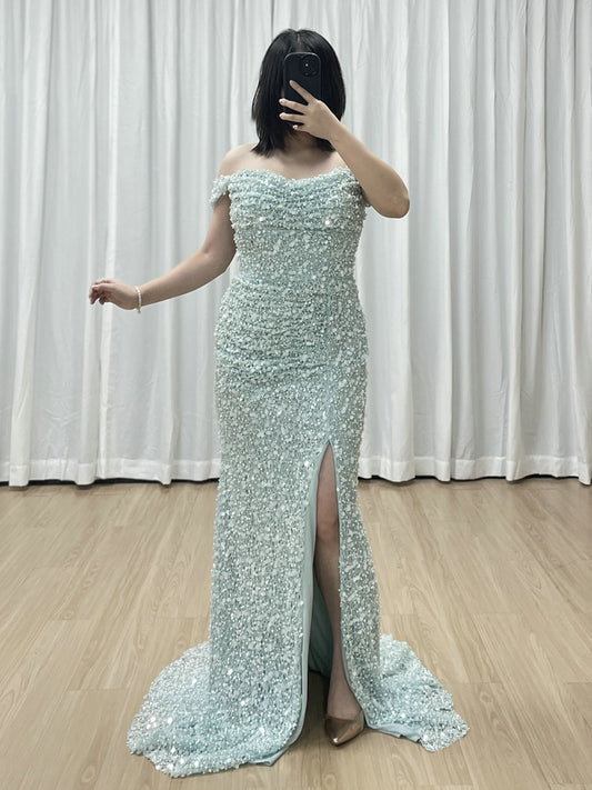 Sparkling Light Blue Sequin Mermaid Gown with Off-Shoulder with Slit MY30174