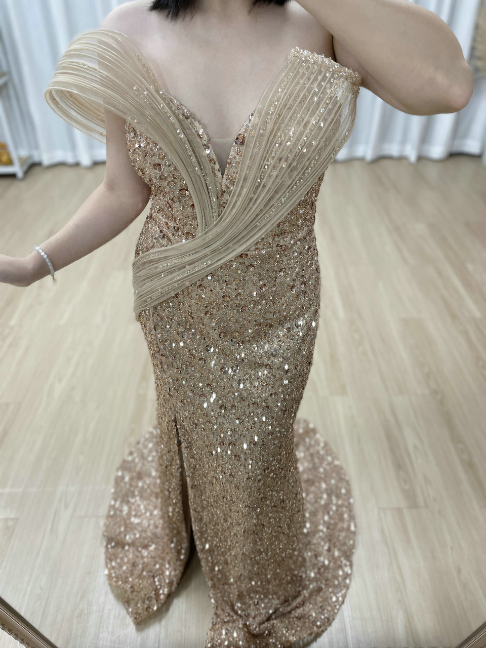Elegant Bronze Sequin Off-Shoulder Dress with High Slit Beaded Waist for Gala Events MY30175