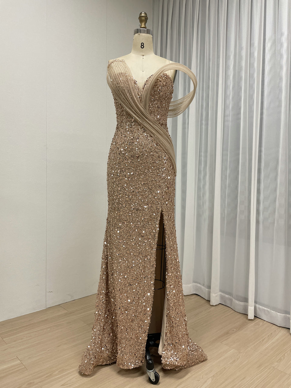 Elegant Bronze Sequin Off-Shoulder Dress with High Slit Beaded Waist for Gala Events MY30175