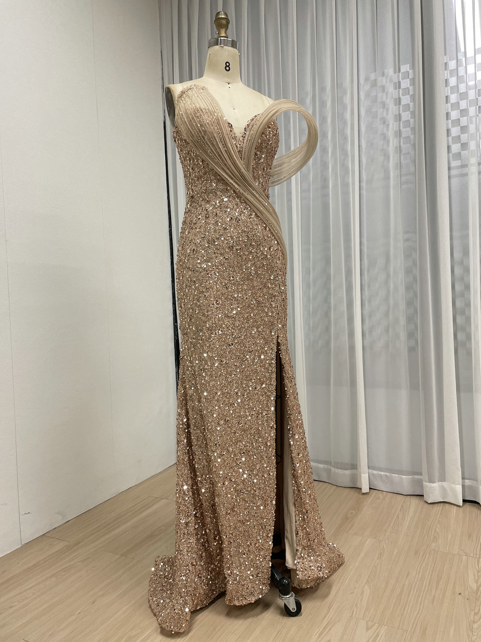 Elegant Bronze Sequin Off-Shoulder Dress with High Slit Beaded Waist for Gala Events MY30175