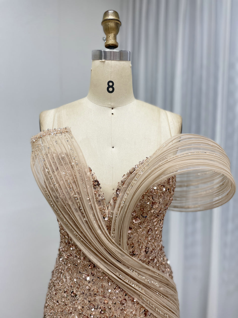 Elegant Bronze Sequin Off-Shoulder Dress with High Slit Beaded Waist for Gala Events MY30175
