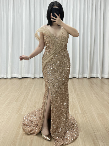 Elegant Bronze Sequin Off-Shoulder Dress with High Slit Beaded Waist for Gala Events MY30175