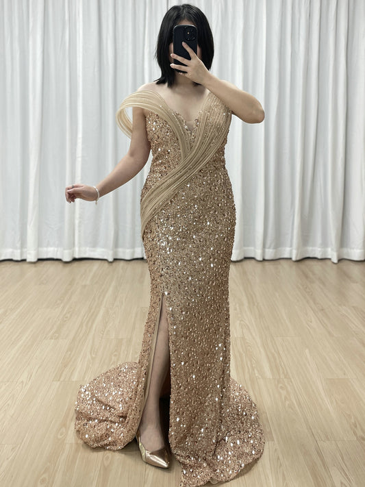 Elegant Bronze Sequin Off-Shoulder Dress with High Slit Beaded Waist for Gala Events MY30175