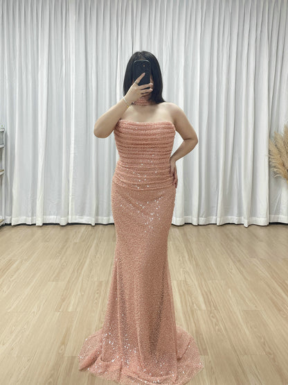 Elegant Pink Sequin Mermaid Gown with Off-Shoulder Sleeves and Choker Neckline MY30176