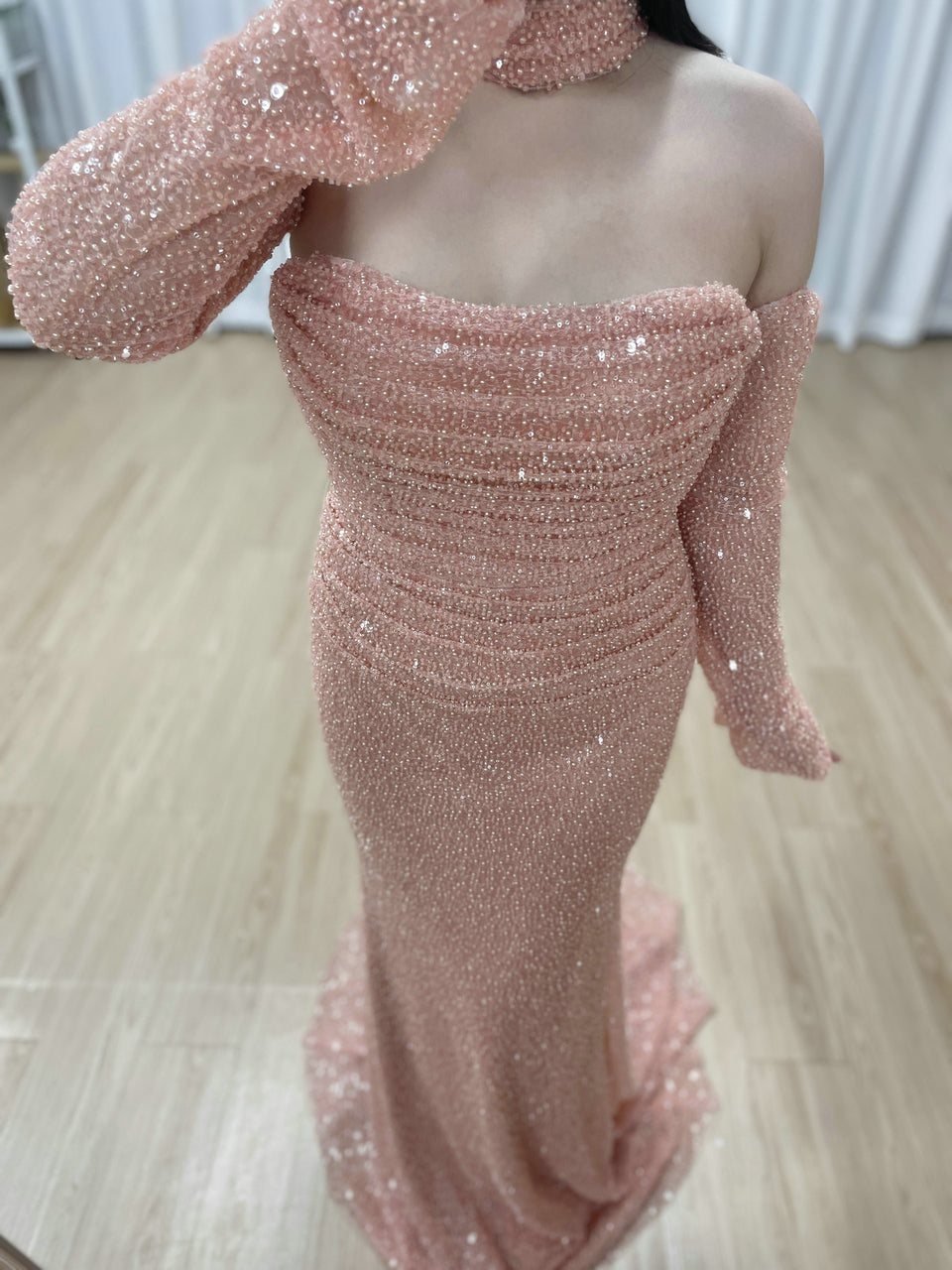 Elegant Pink Sequin Mermaid Gown with Off-Shoulder Sleeves and Choker Neckline MY30176