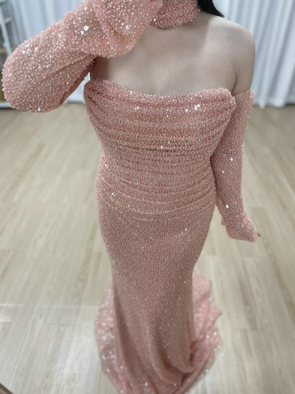 Elegant Pink Sequin Mermaid Gown with Off-Shoulder Sleeves and Choker Neckline MY30176