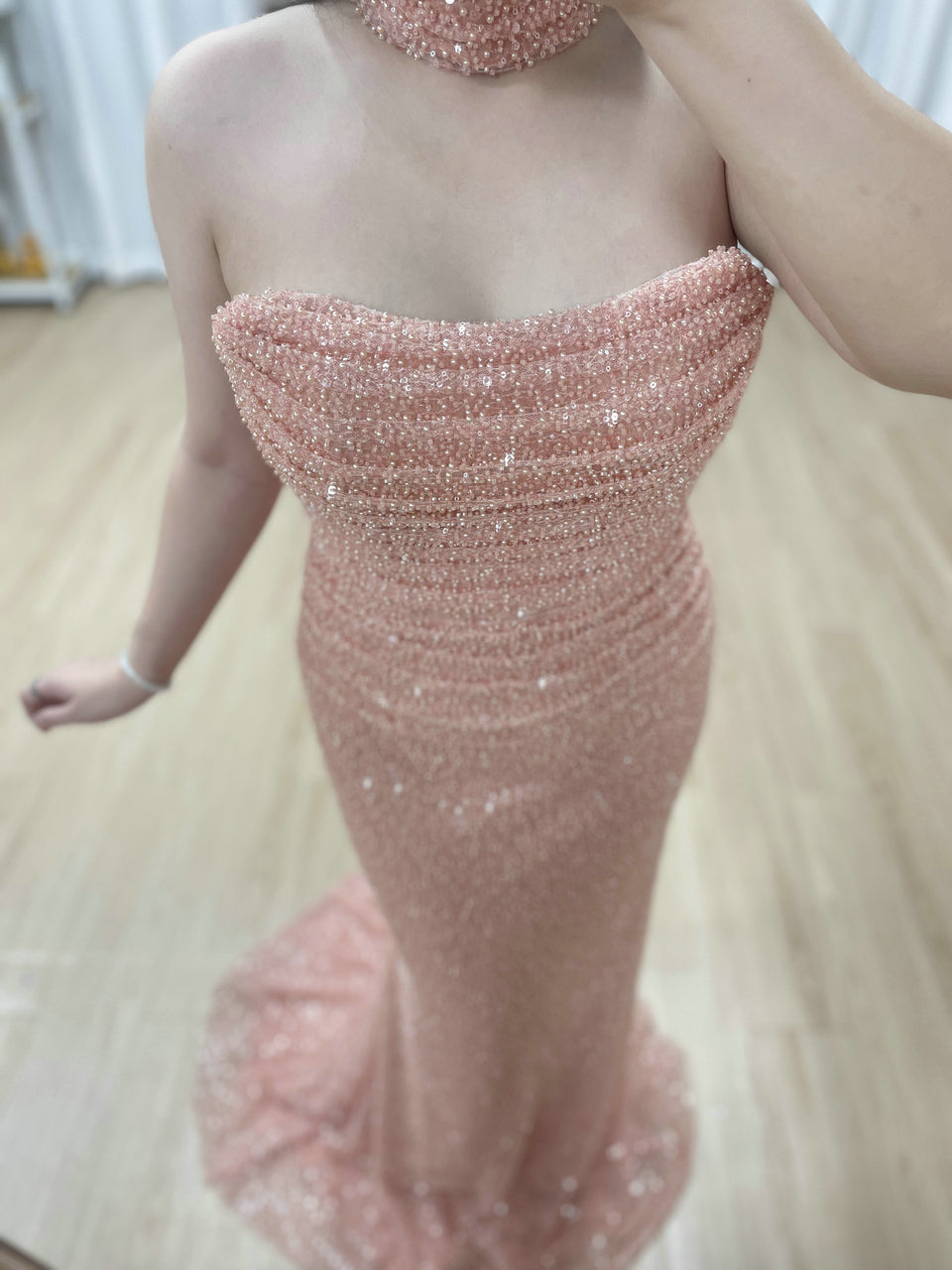 Elegant Pink Sequin Mermaid Gown with Off-Shoulder Sleeves and Choker Neckline MY30176