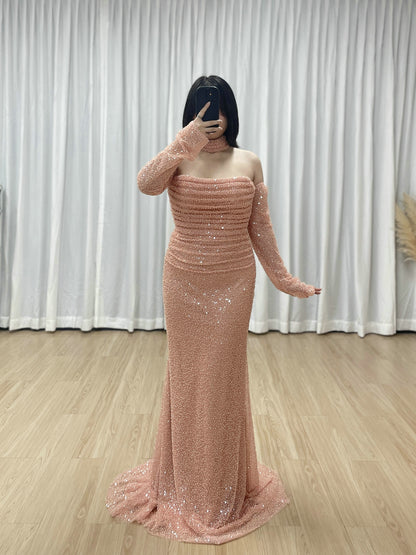 Elegant Pink Sequin Mermaid Gown with Off-Shoulder Sleeves and Choker Neckline MY30176