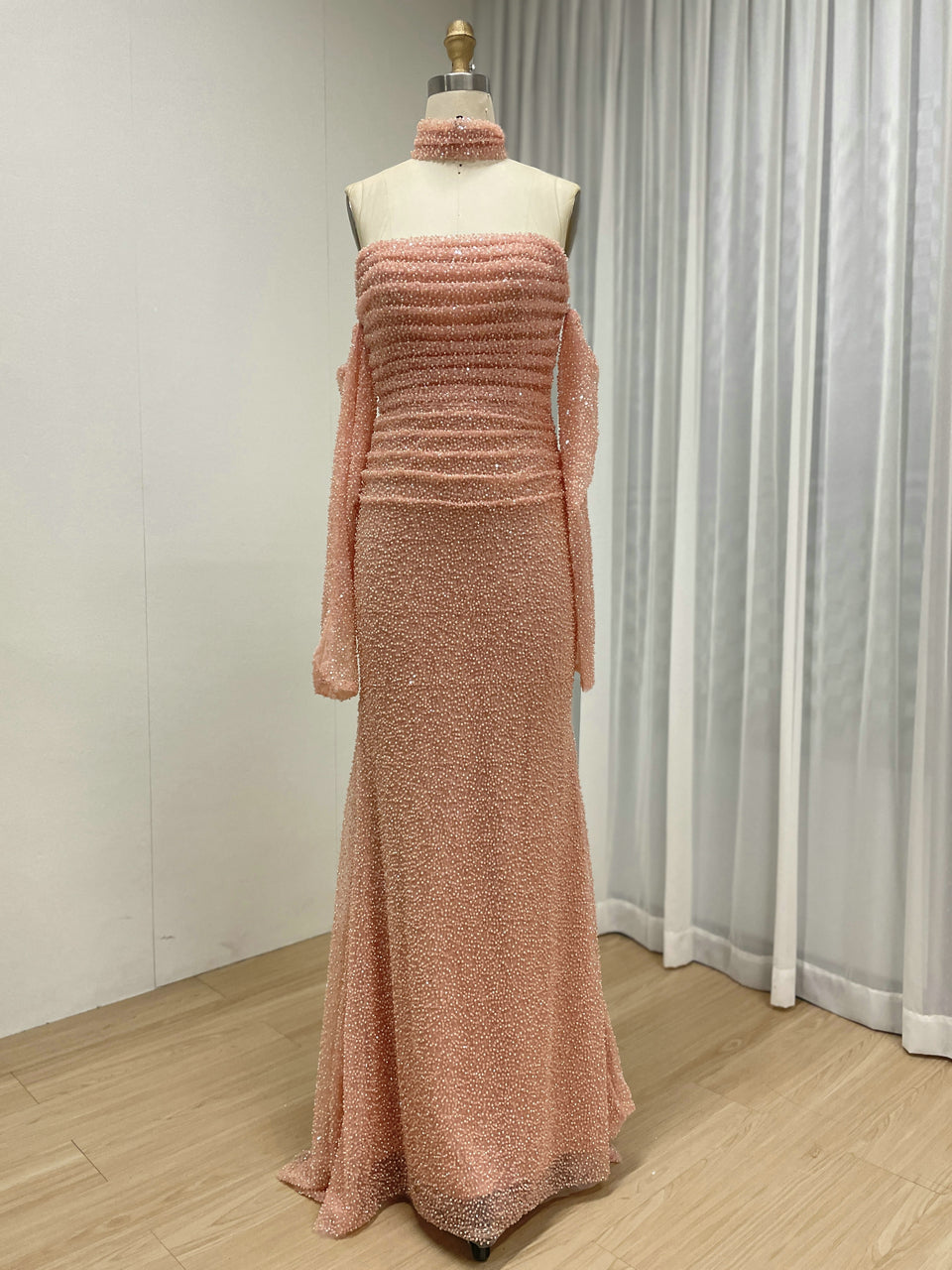 Elegant Pink Sequin Mermaid Gown with Off-Shoulder Sleeves and Choker Neckline MY30176