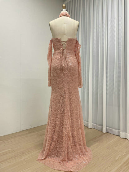 Elegant Pink Sequin Mermaid Gown with Off-Shoulder Sleeves and Choker Neckline MY30176