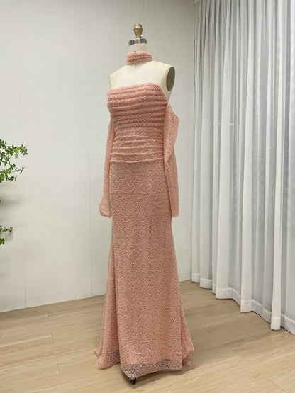 Elegant Pink Sequin Mermaid Gown with Off-Shoulder Sleeves and Choker Neckline MY30176