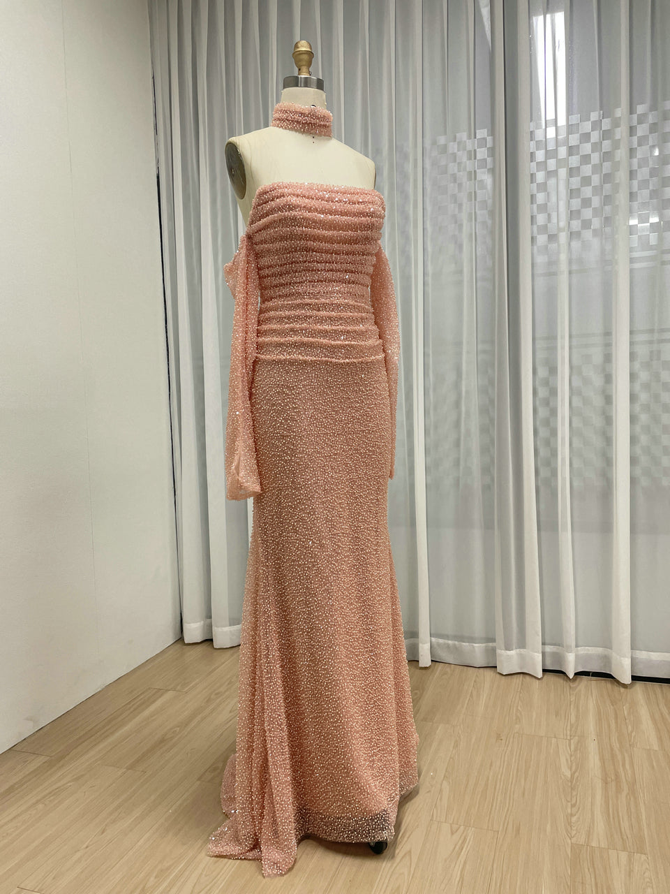 Elegant Pink Sequin Mermaid Gown with Off-Shoulder Sleeves and Choker Neckline MY30176