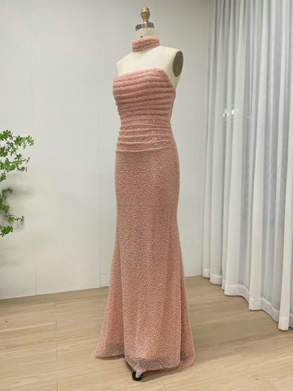 Elegant Pink Sequin Mermaid Gown with Off-Shoulder Sleeves and Choker Neckline MY30176
