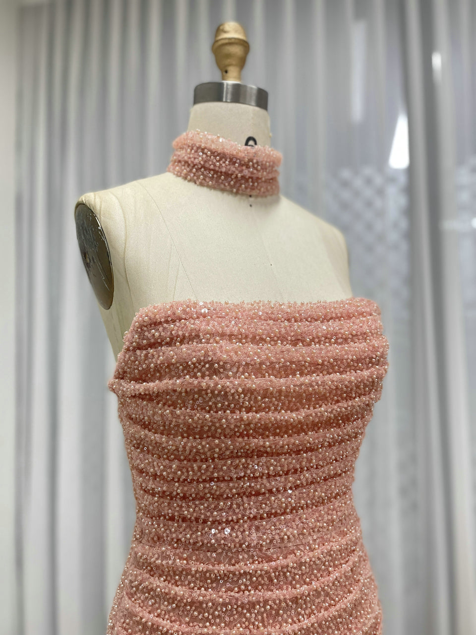 Elegant Pink Sequin Mermaid Gown with Off-Shoulder Sleeves and Choker Neckline MY30176
