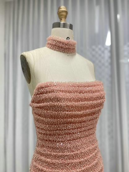 Elegant Pink Sequin Mermaid Gown with Off-Shoulder Sleeves and Choker Neckline MY30176